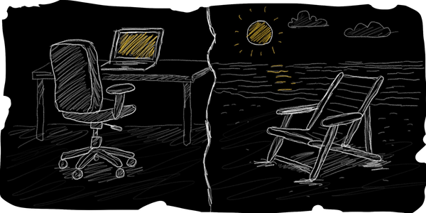 A desk on the left and a chair on the right, contrasting work and life.