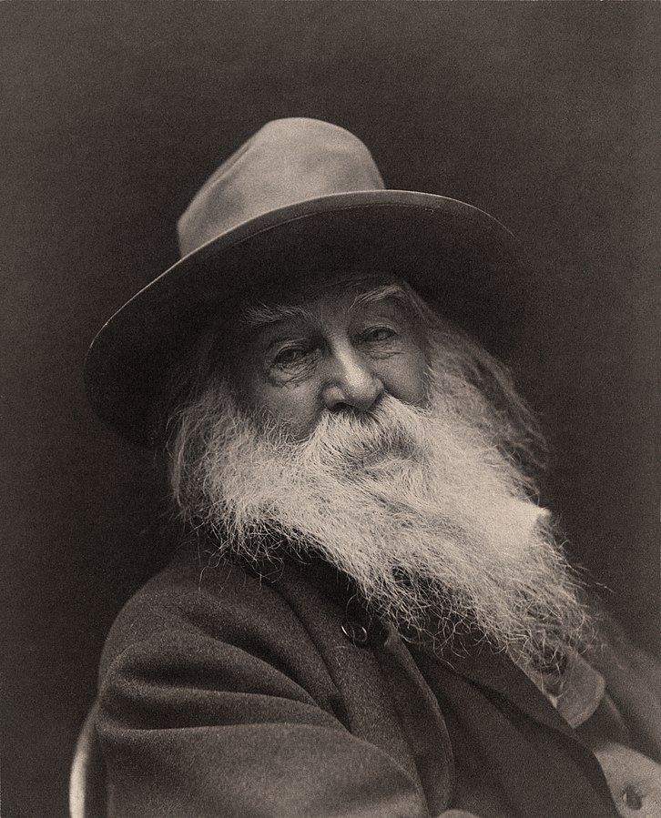 An elderly, bearded, and seated Walt Whitman as photographed late in life, in black and white, by George Collins Cox. 1887. 