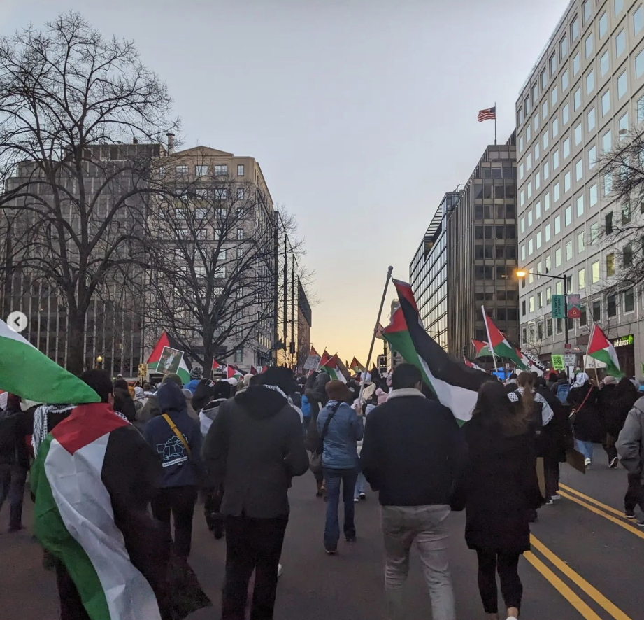 Marchers in Washington carrying Palestinian flags, late in the afternoon.