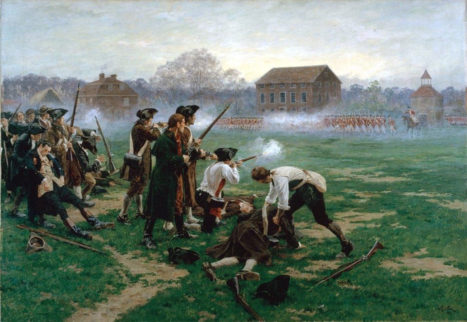 The Battle of Lexington, American colonists under fire against a British column
