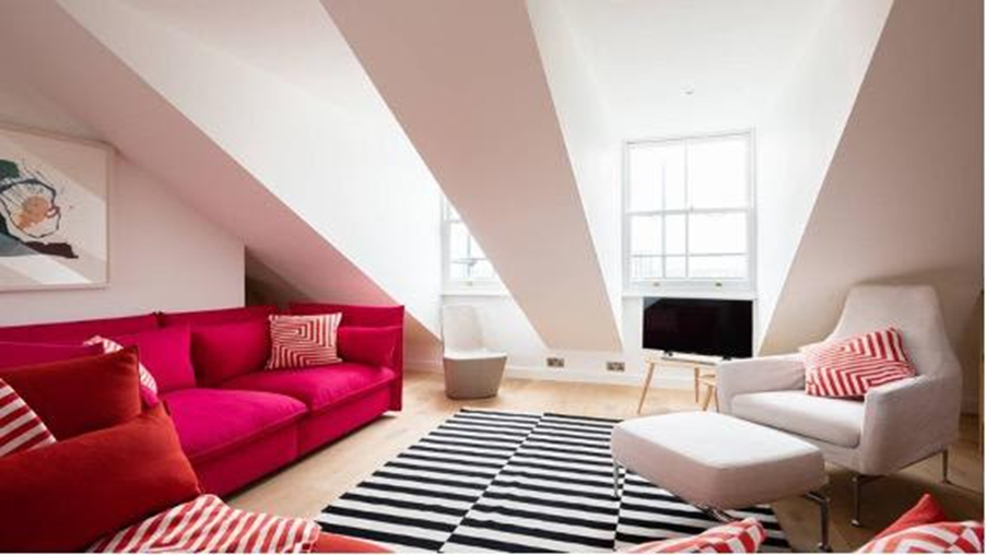 Notting Hill, salón espacioso, moderno, sofás, buhardilla