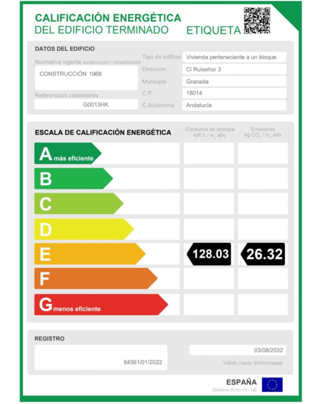 Ejemplo real de calificación energética E para un piso. 