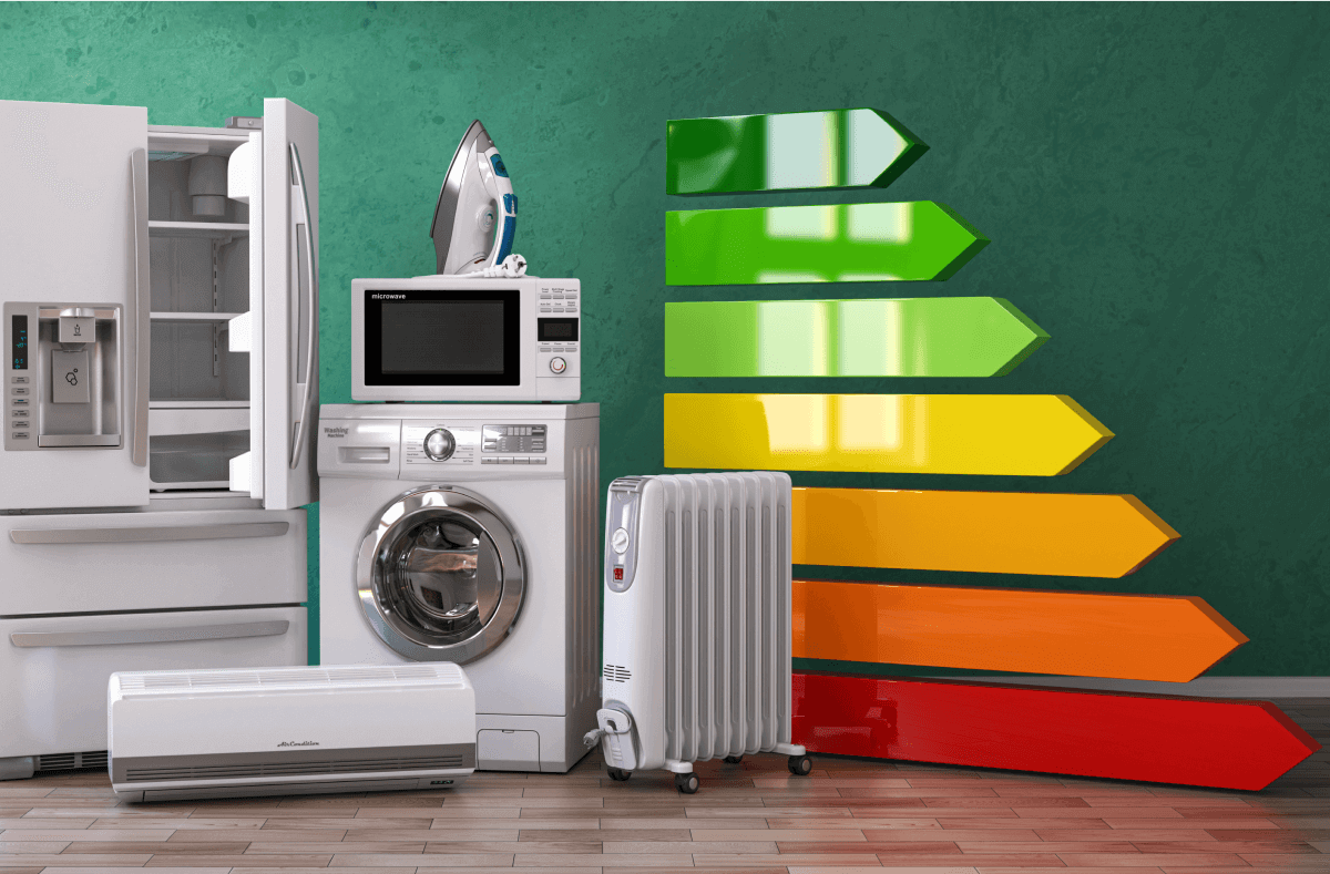 Electrodomésticos energéticamente eficientes: Frigorífico, lavadora, aire acondicionado, plancha y radiador.  