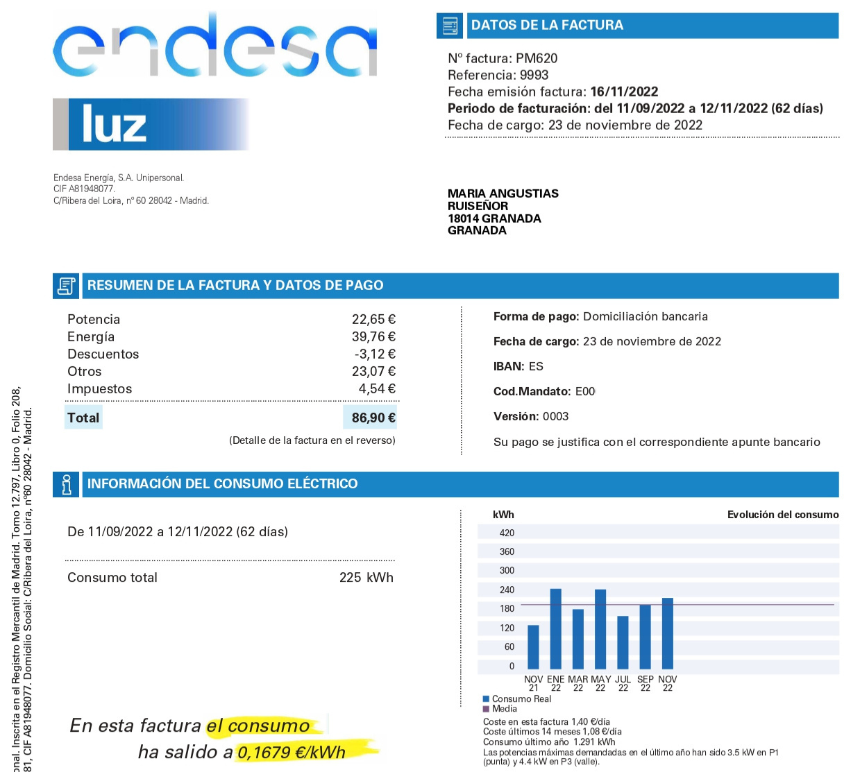 Ejemplo real de una factura de la luz con Endesa, en la que muestra en la primera hoja los datos y el resumen de la factura, datos de pago e información de consumo eléctrico.