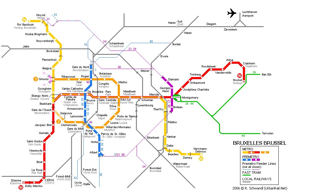 Mappa con la rete delle linee della metropolitana di Bruxelles