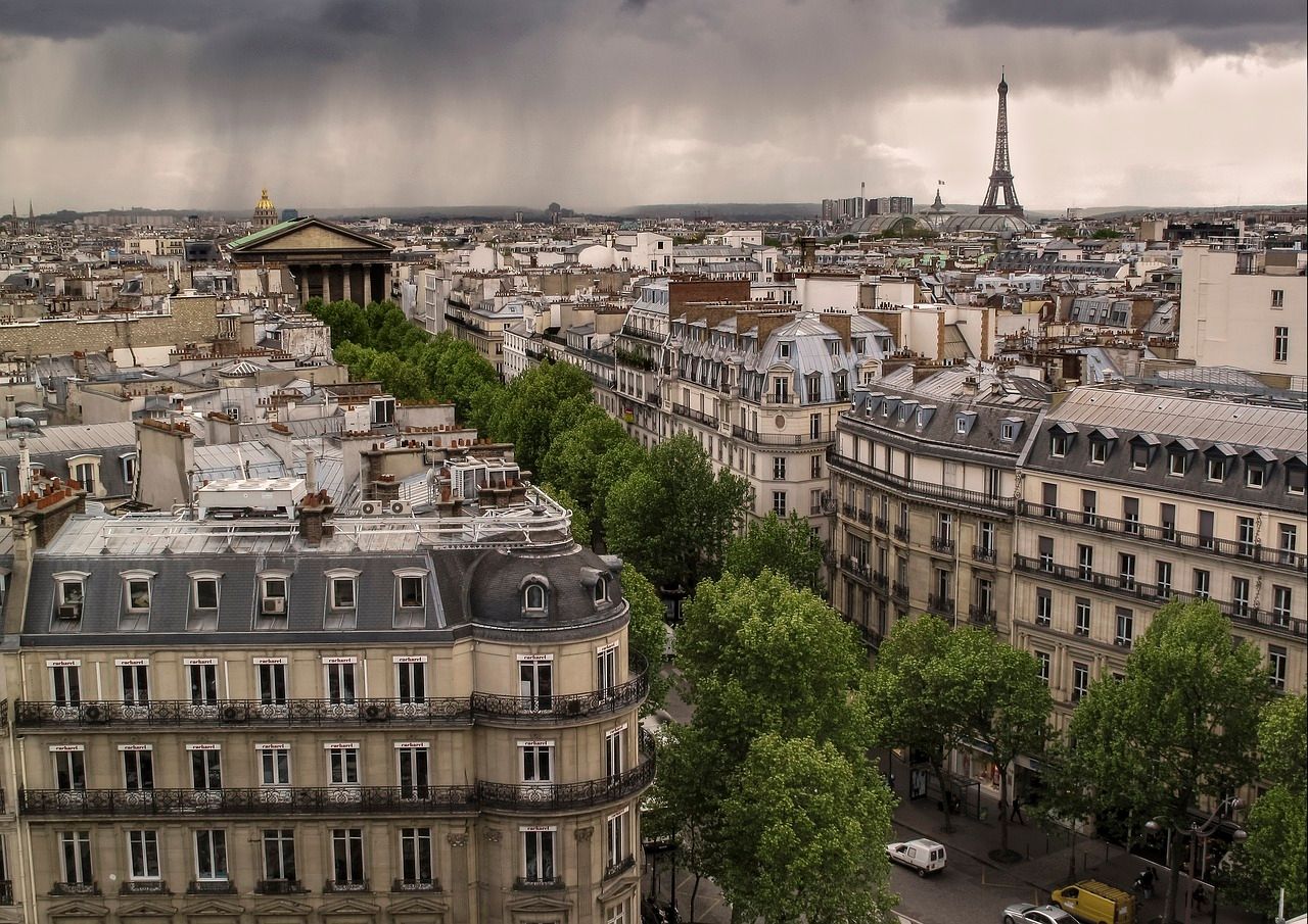 Tejados de los edificios de París en un día nublado con la Torre Eiffel de fondo