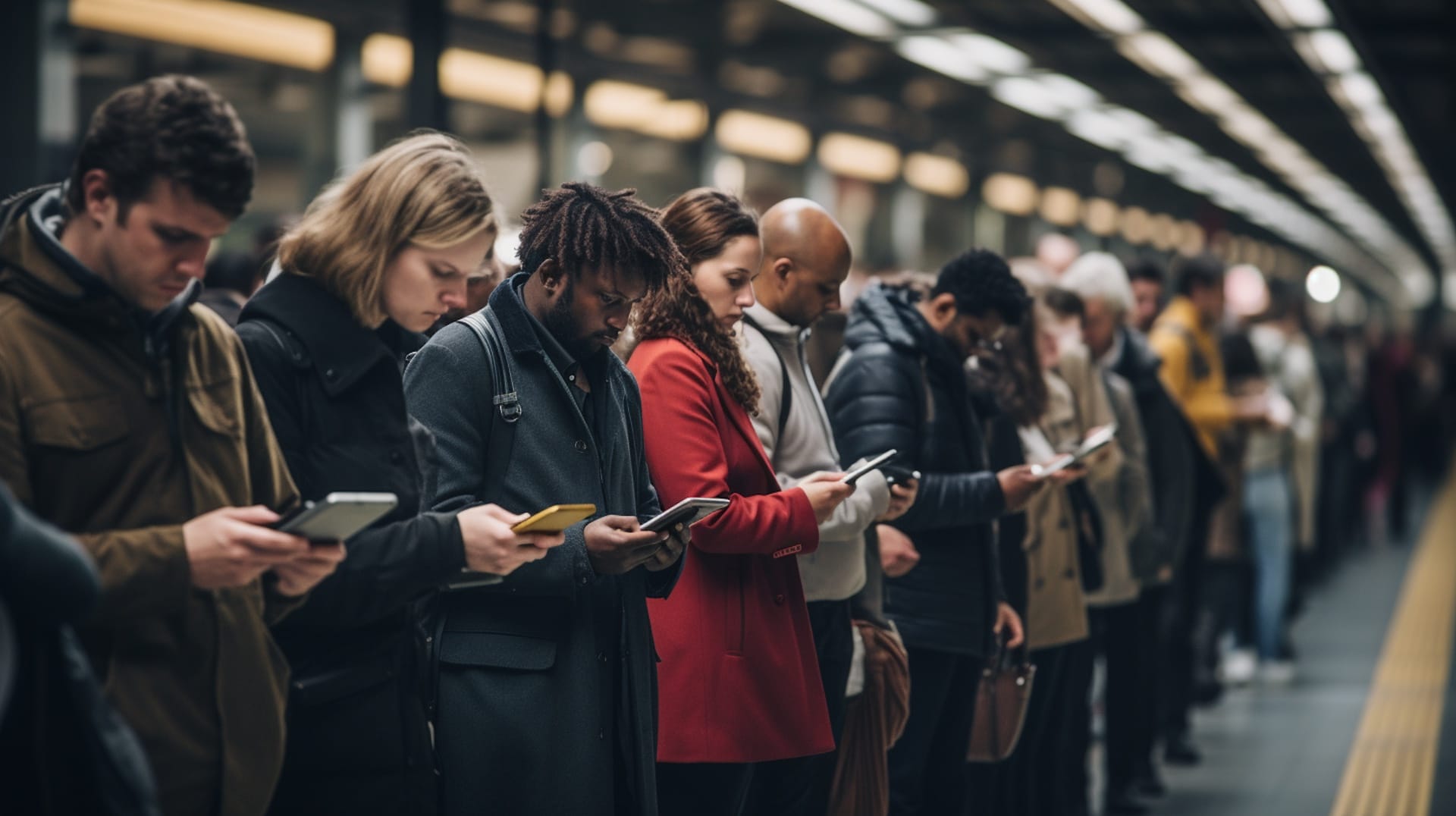 Commuters staring into their mobiles at a station platform