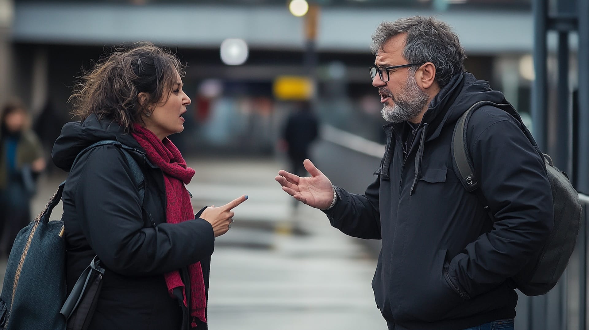a couple arguing in public. Angry faces.