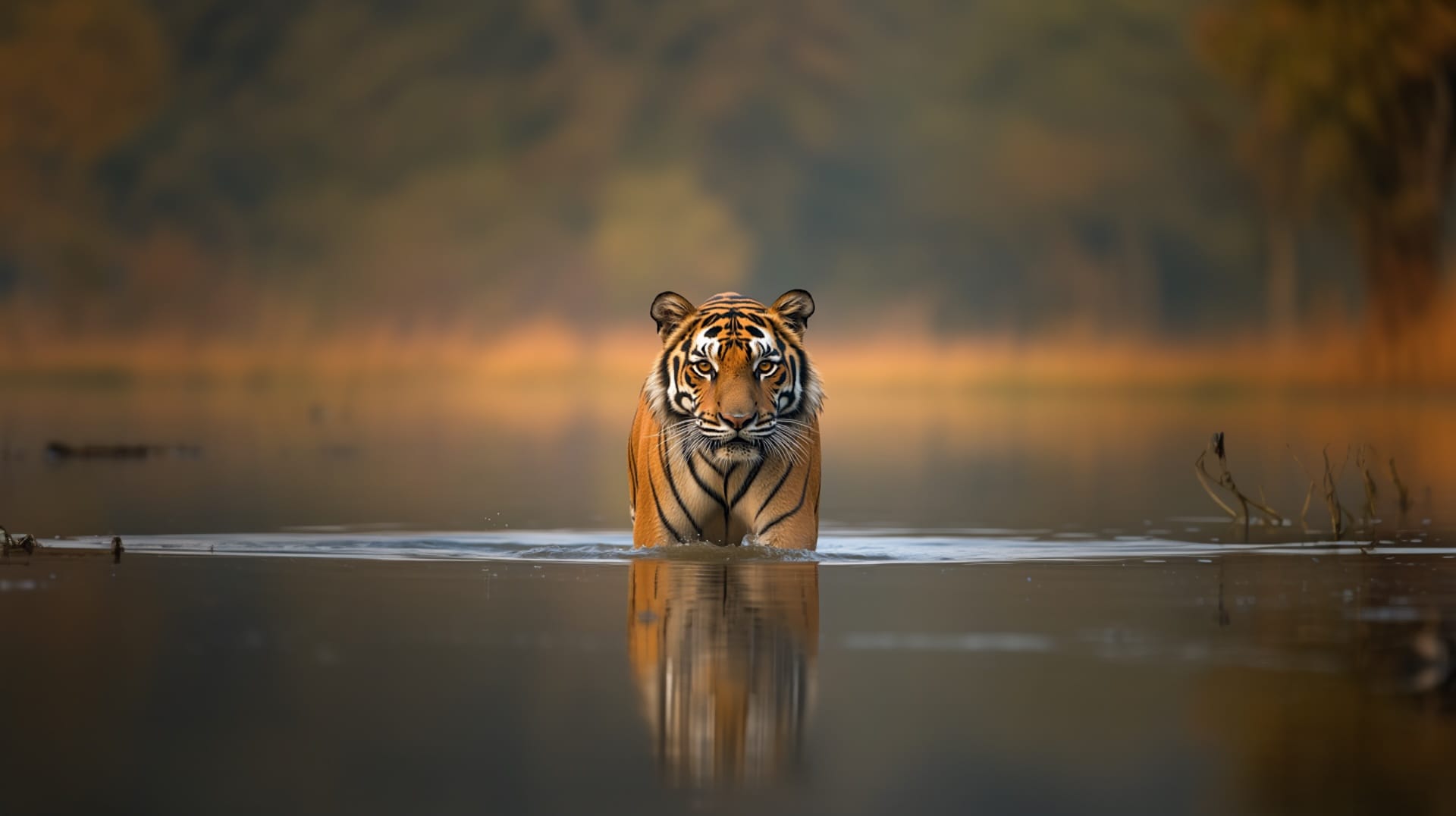 a tiger wading through a forest pool staring at the photographer