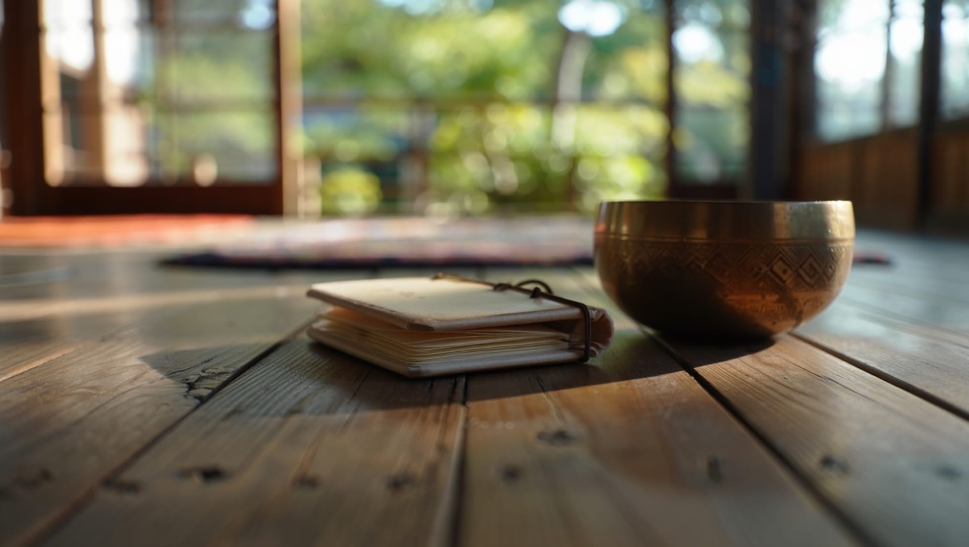 a bound journal and a Tibetan singing bowl on the worn wooden floor of a zen meditation room