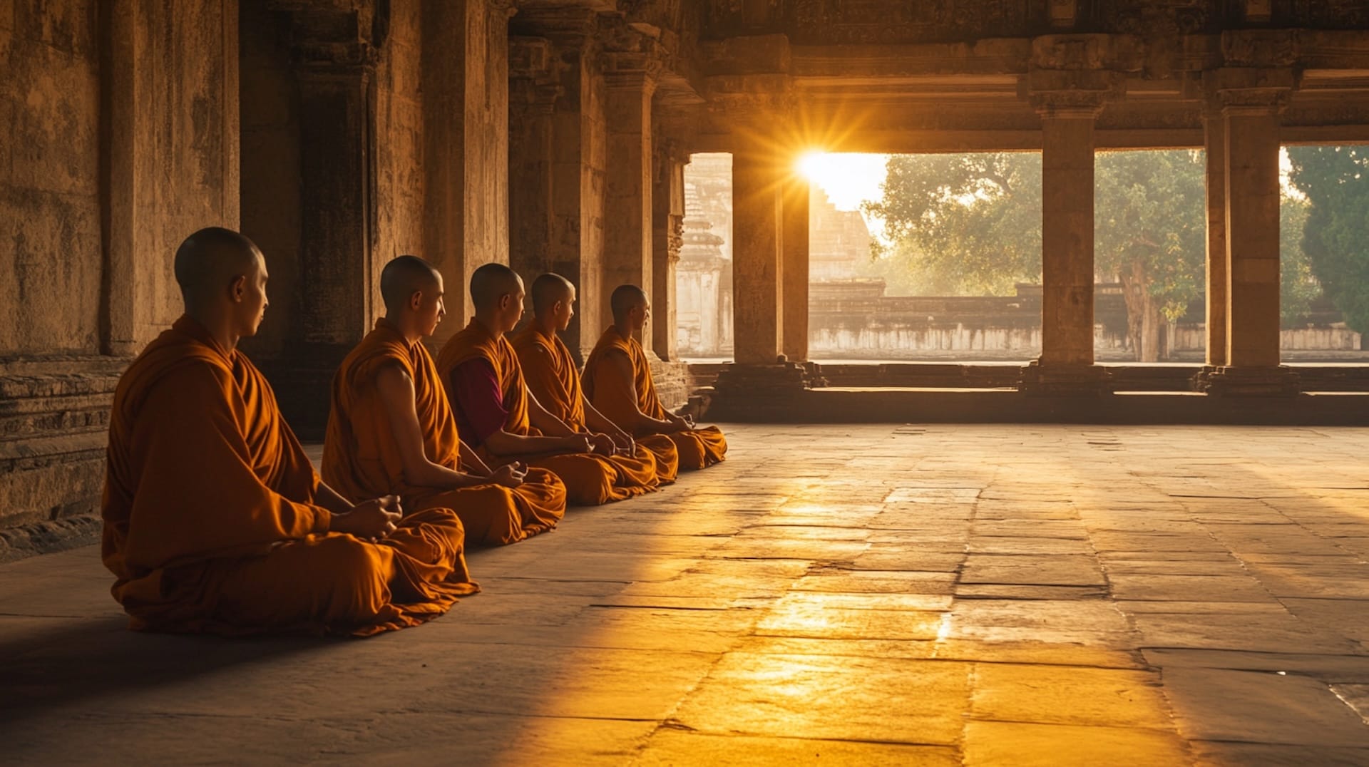 monks in a temple meditating and facing the rising sun.