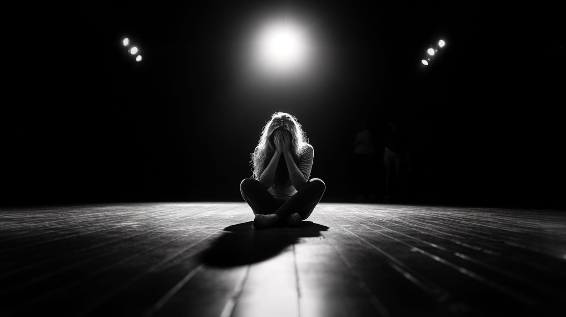a black and white photograph of an actress sitting on a stage, her face in her hands