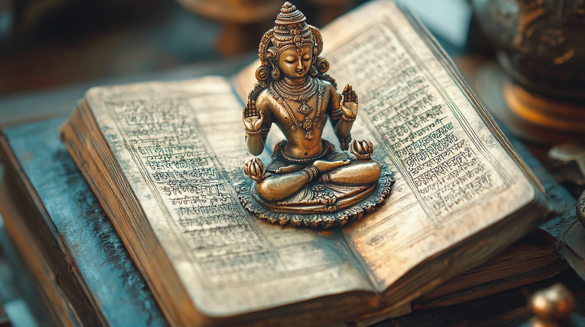 A hind brass statue sitting on an ancient Sanskrit Manuscript