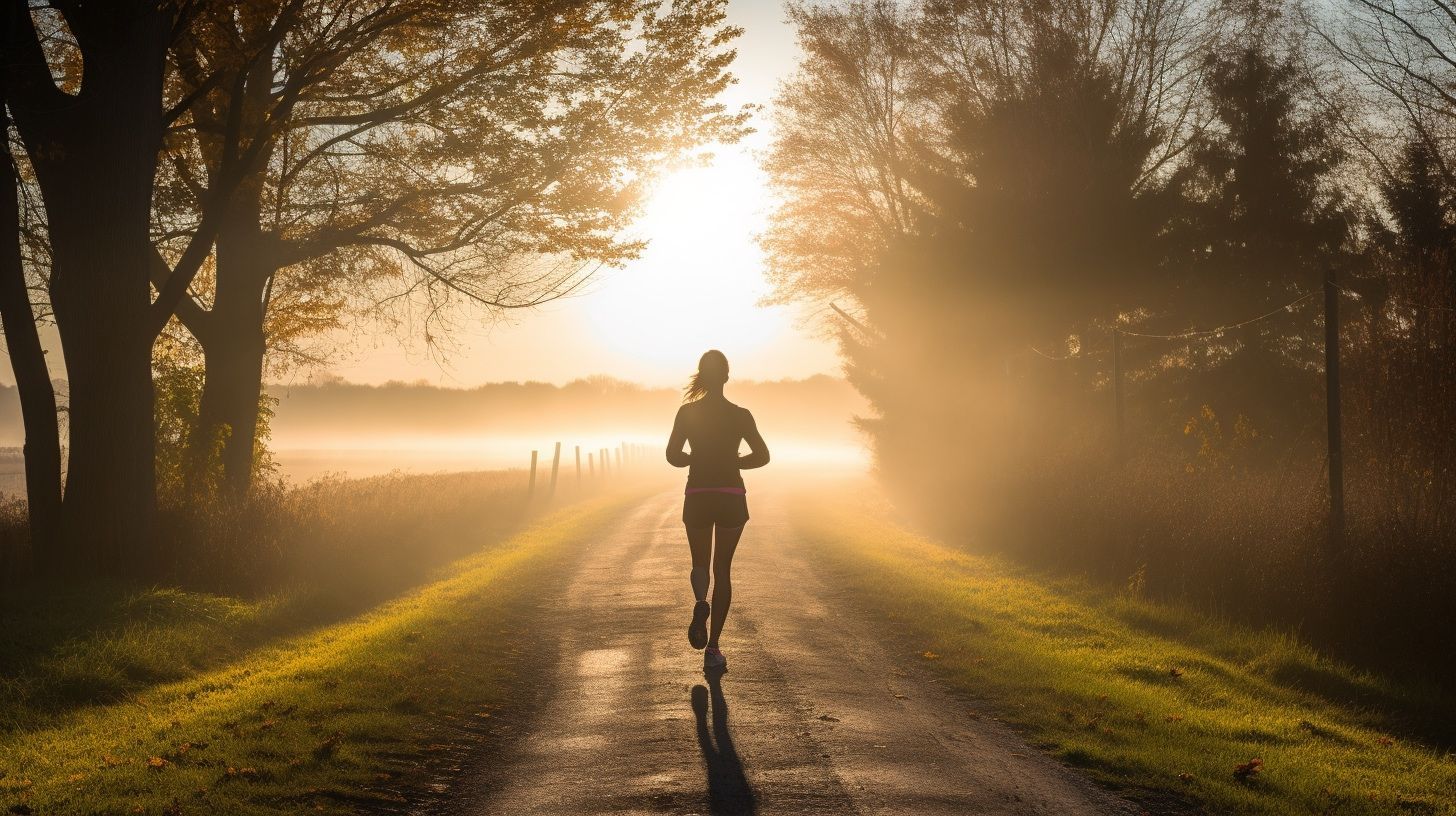 Woman running along a country track in the early morning