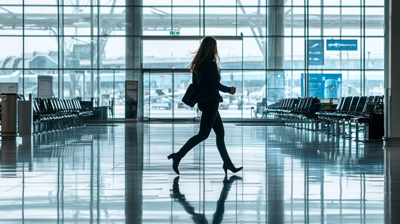 a woman running through an empty departure lounge.