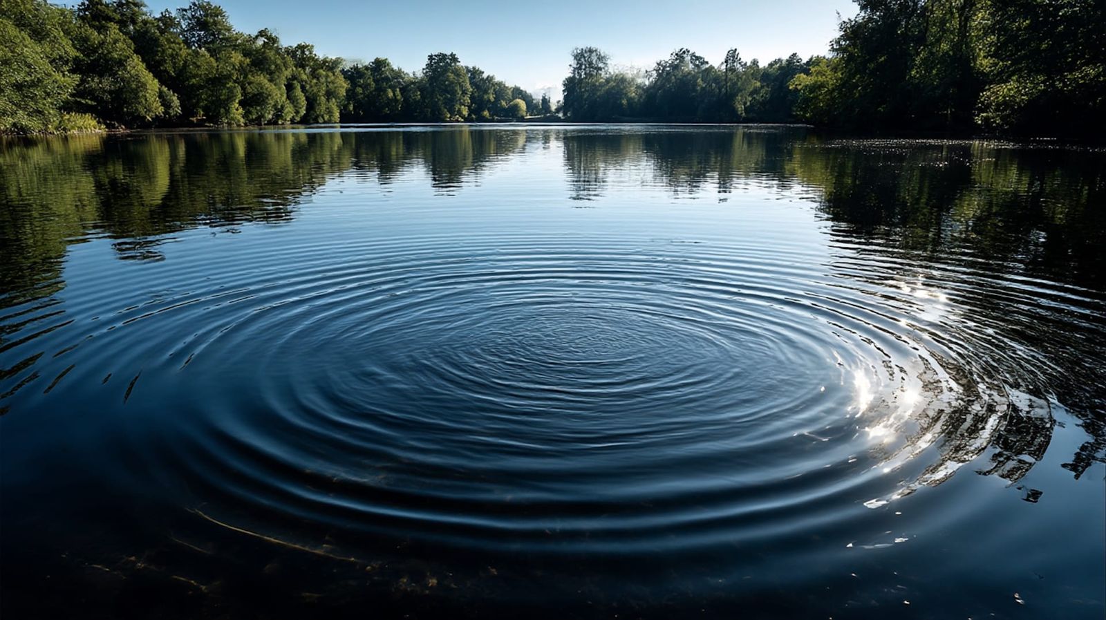 a ripple spreading on a calm lake in a forest.