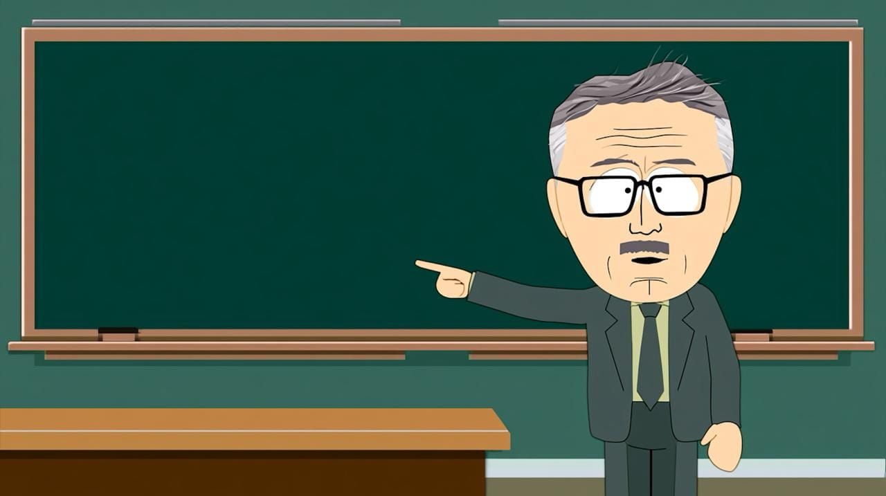 A cartoon teacher pointing at an empty blackboard.
