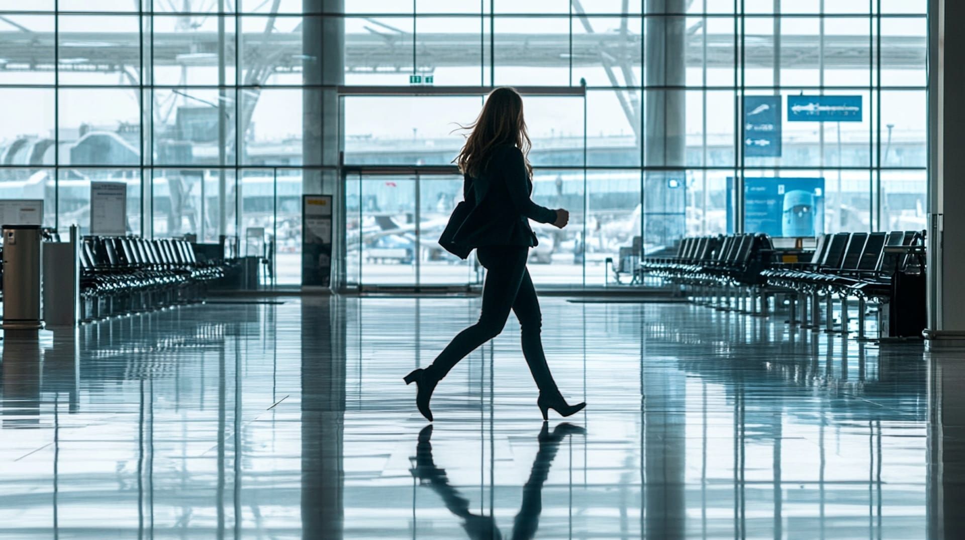 a woman running through an empty departure lounge.