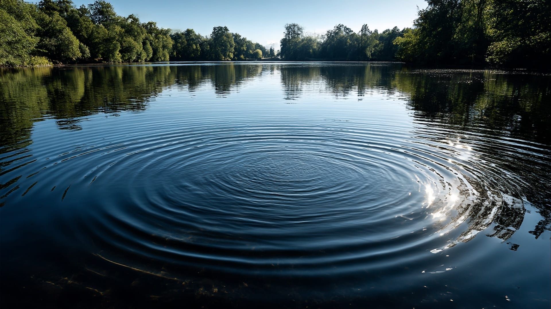 a ripple spreading on a calm lake in a forest.
