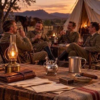 Imagined 1899 military camp scene with British officers sharing drinks and cigars beside a silver table lighter.
