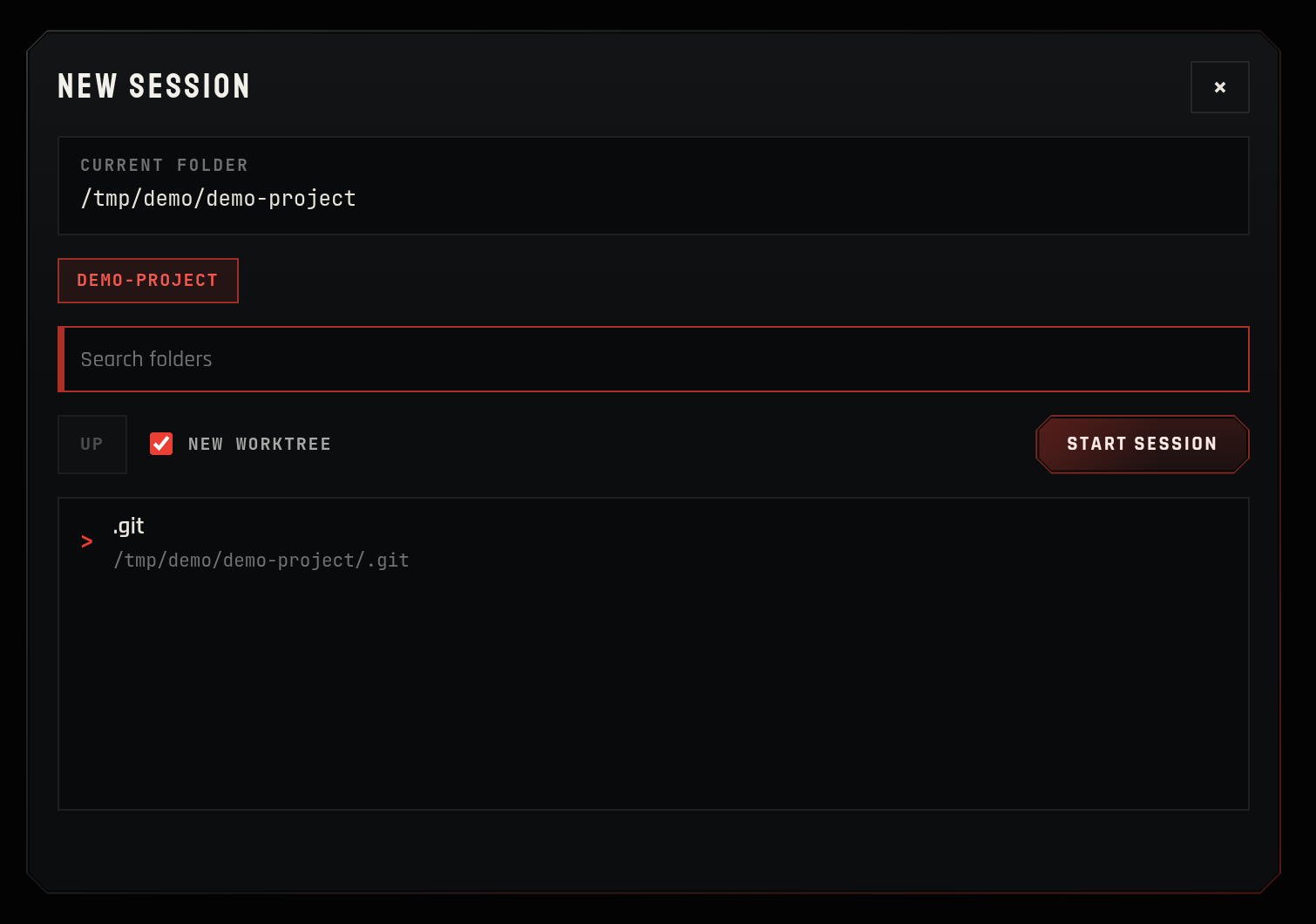 Mjolnir Web New Session dialog: current folder, a folder search box, a checked New Worktree toggle, and a Start Session button
