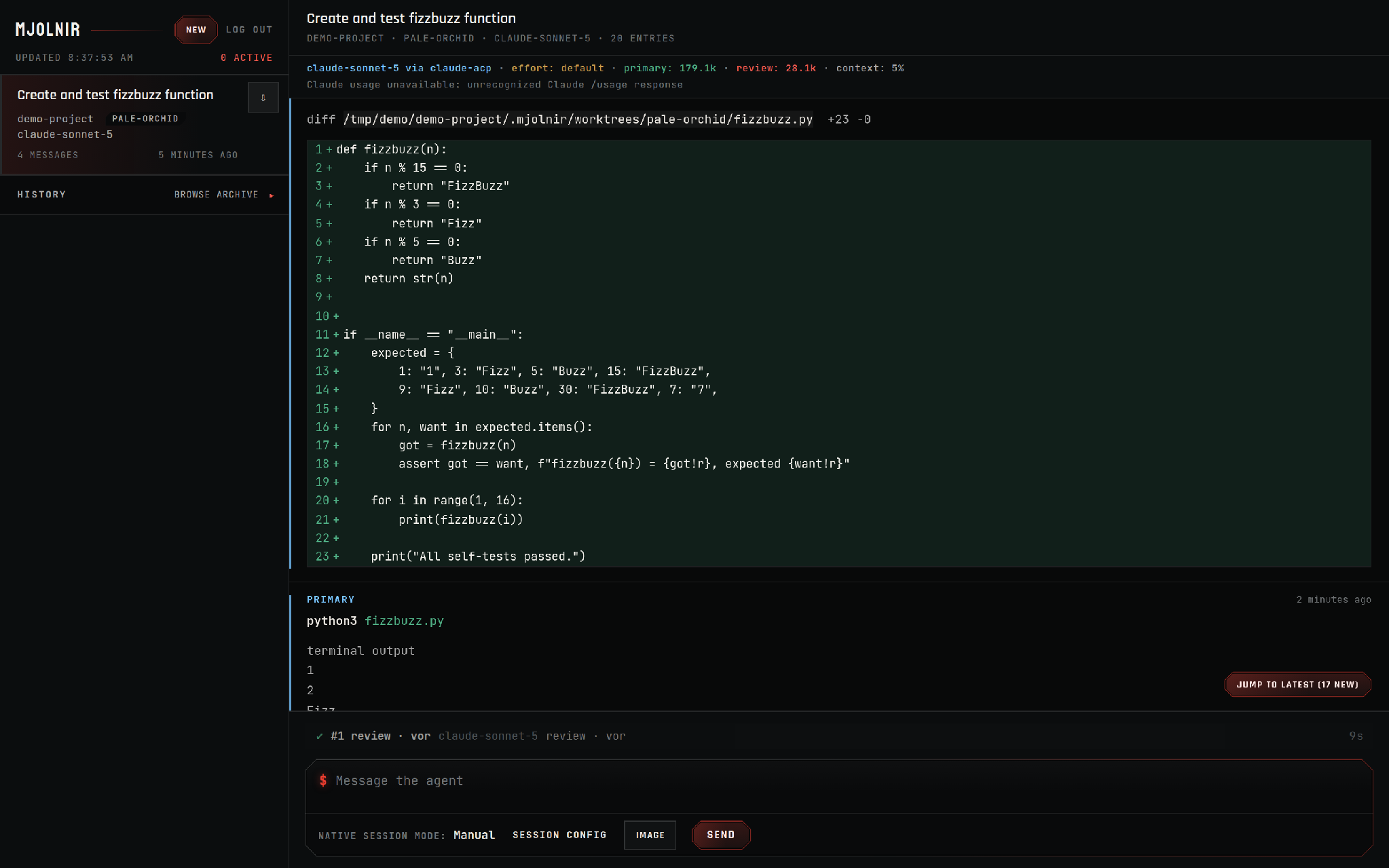 Mjolnir Web desktop session view: session list on the left, a live fizzbuzz.py diff, terminal output, per-seat token usage, and a completed adversarial review entry