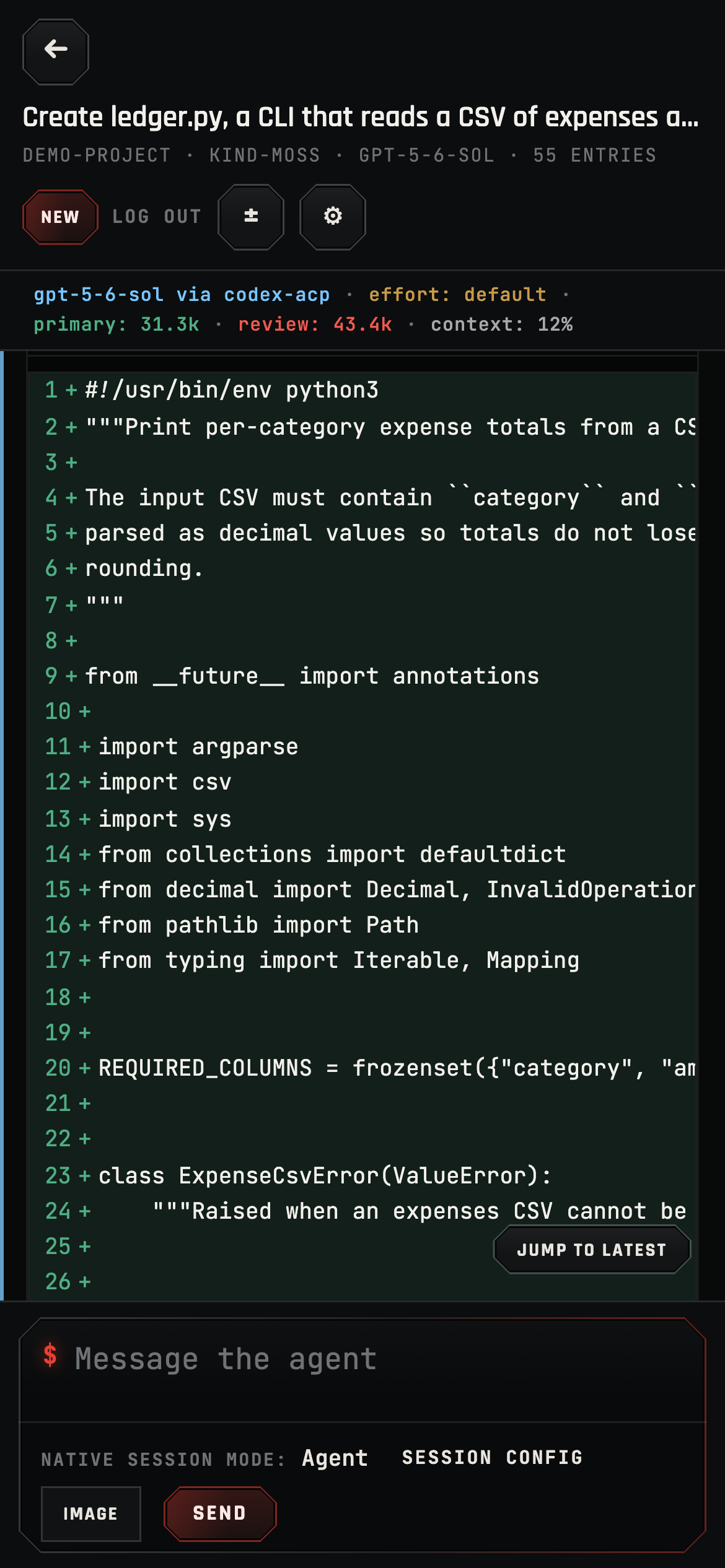 Mjolnir Web installed as a PWA on a phone: a live session with a code diff, model and per-seat token stats, and the message composer