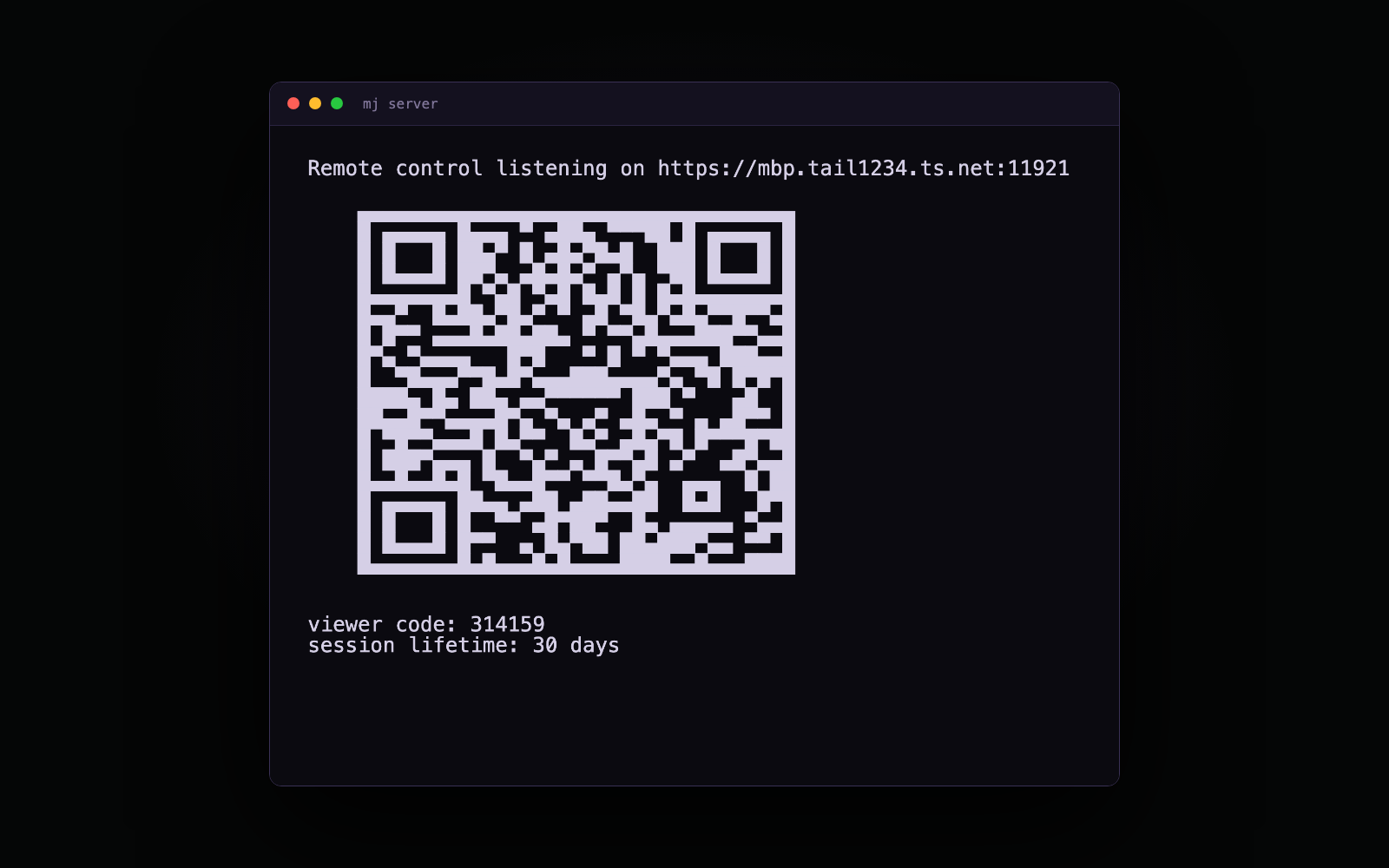 Terminal output of mj server: a device-login QR code, the server's Tailscale HTTPS address, and a six-digit viewer code