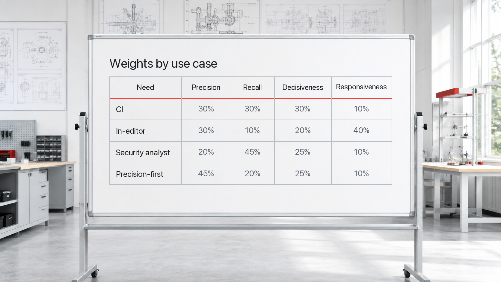 Table showing how four use cases weight analyzer qualities. CI balances precision, recall, and decisiveness; in-editor prioritizes responsiveness; security analysis prioritizes recall; and precision-first prioritizes low false-positive rates.