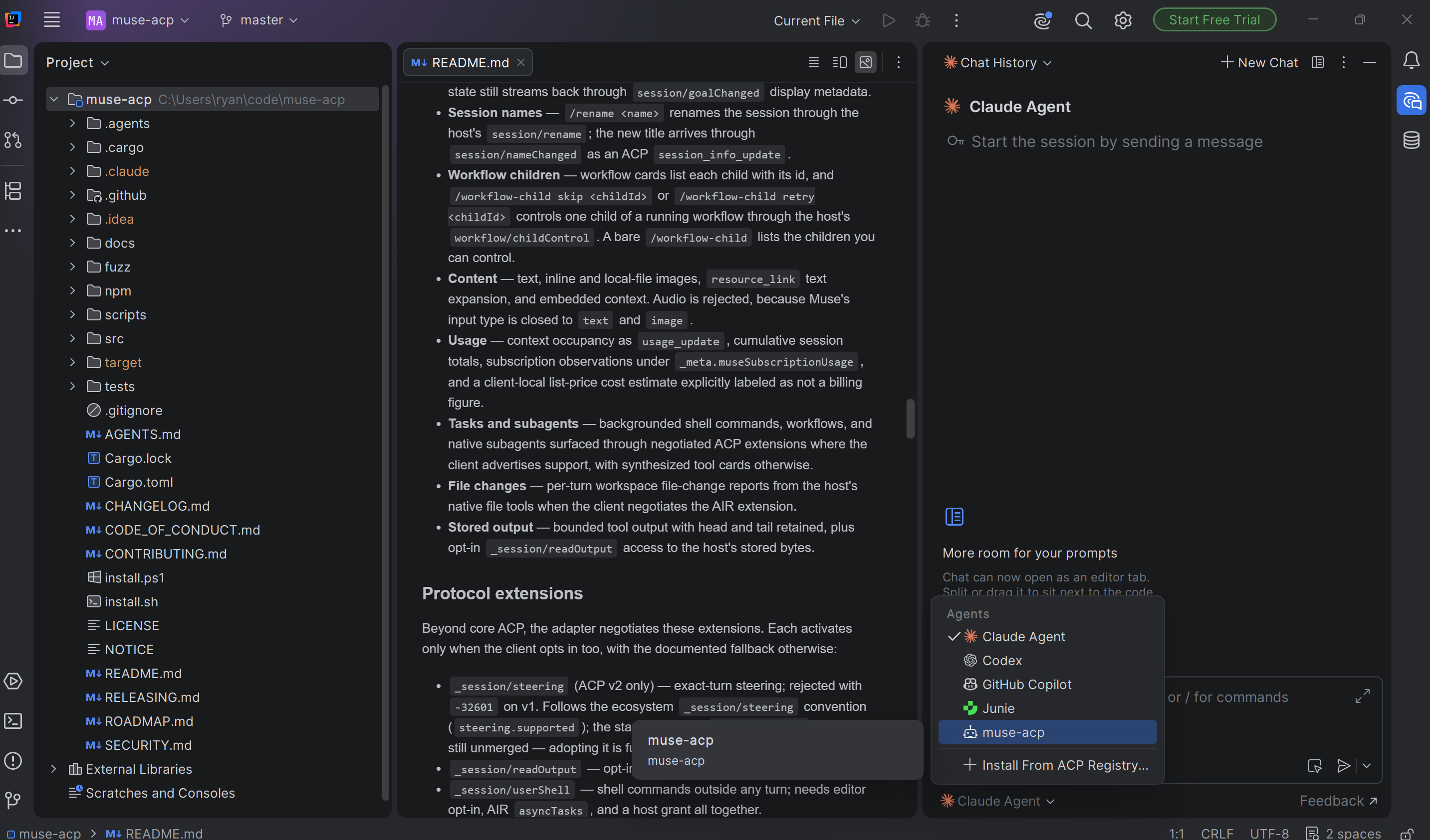 IntelliJ AI Chat agent picker with muse-acp selected