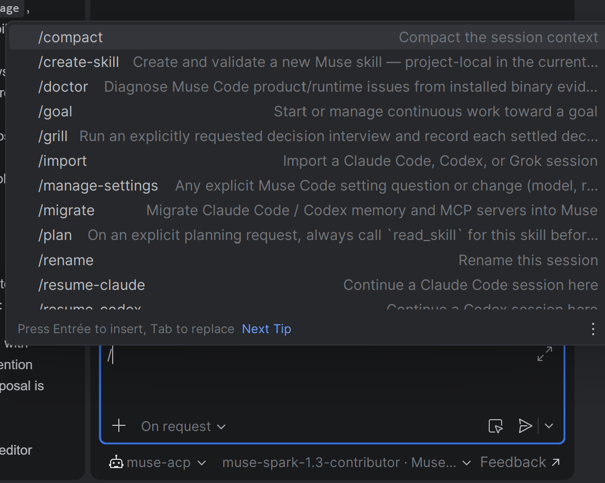 Muse slash commands such as /compact, /goal and /plan in IntelliJ's AI Chat