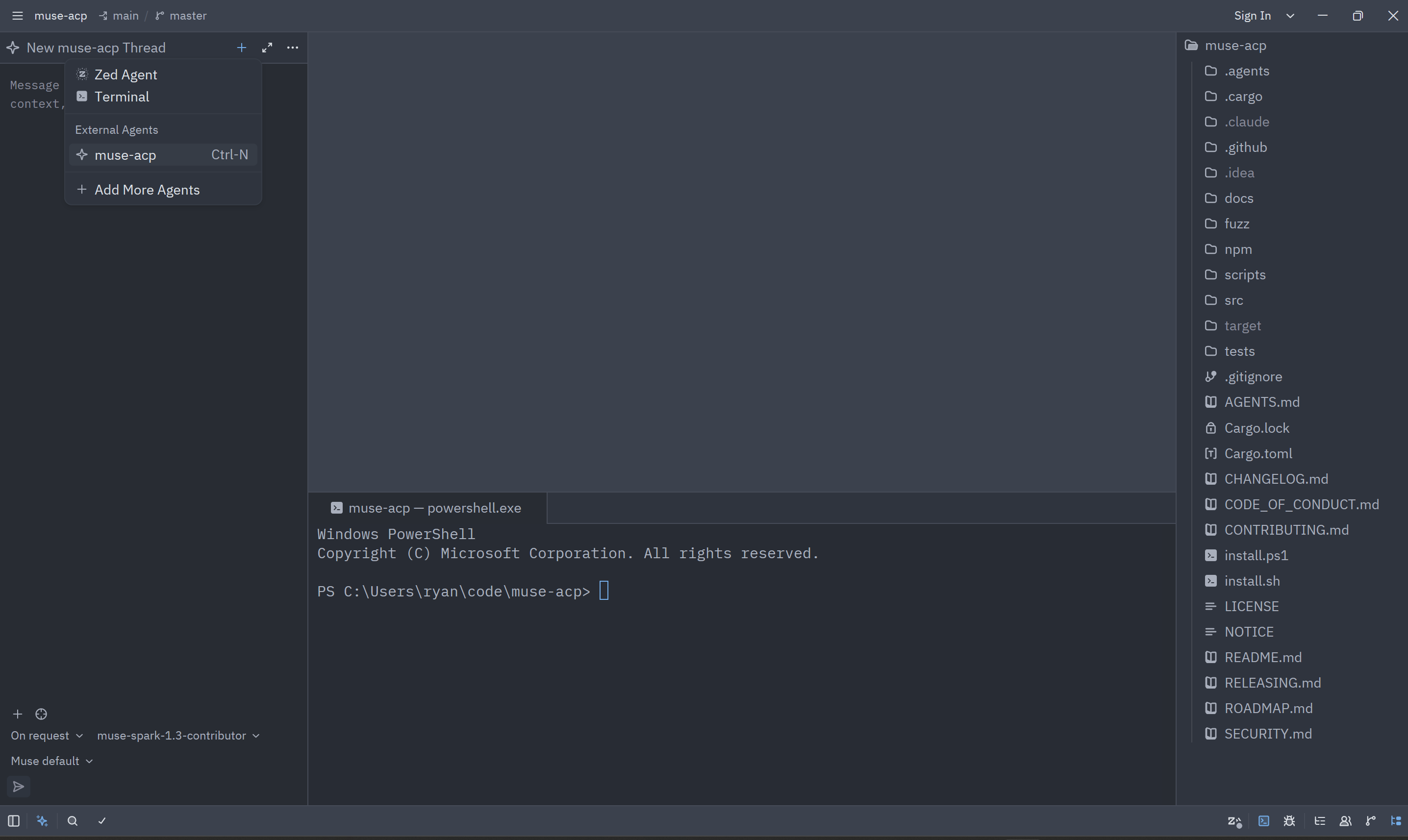 Zed's new-thread menu with muse-acp listed under External Agents