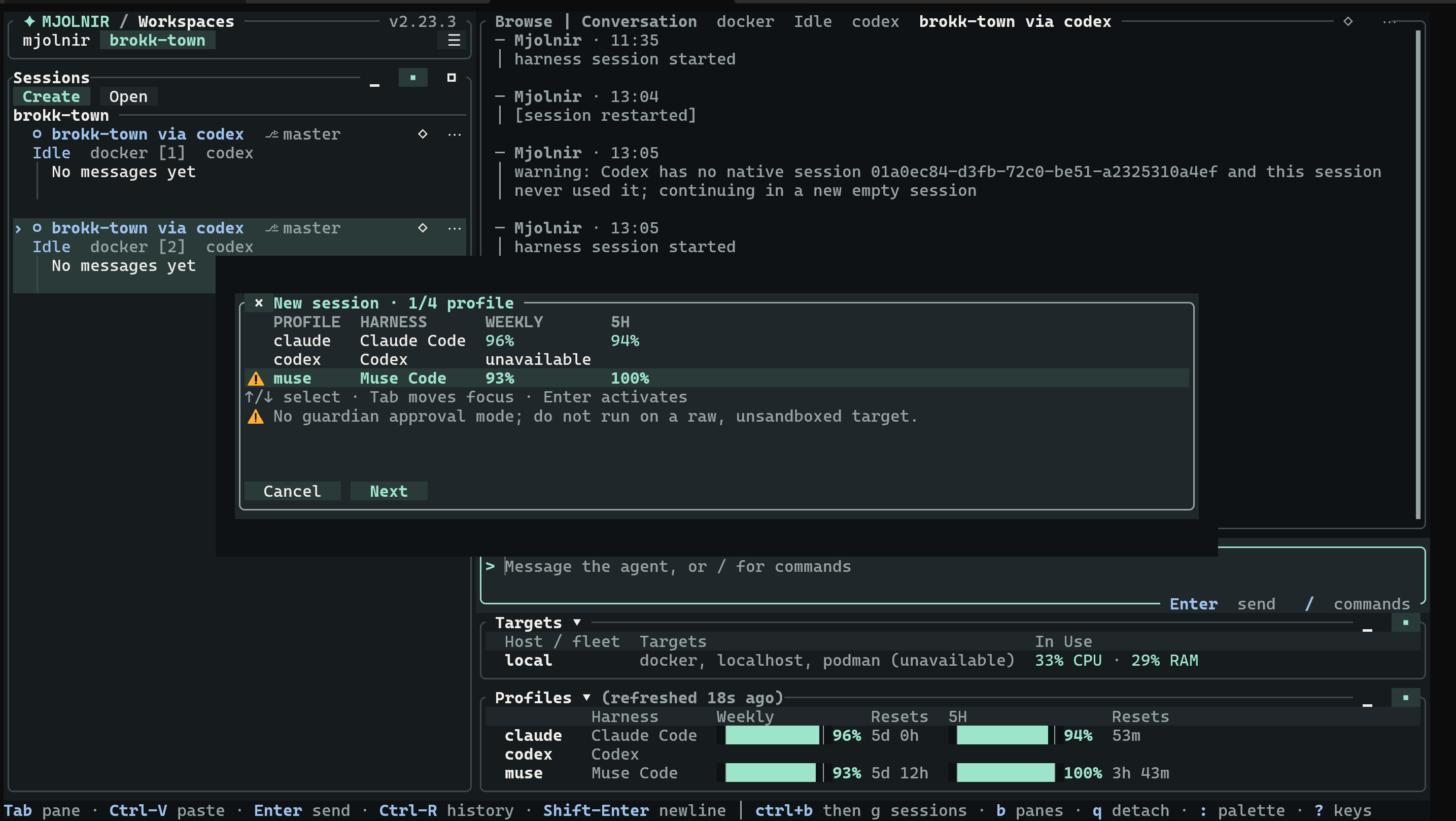 Mjolnir new-session dialog showing Muse Code with its weekly and 5-hour quota next to Claude Code