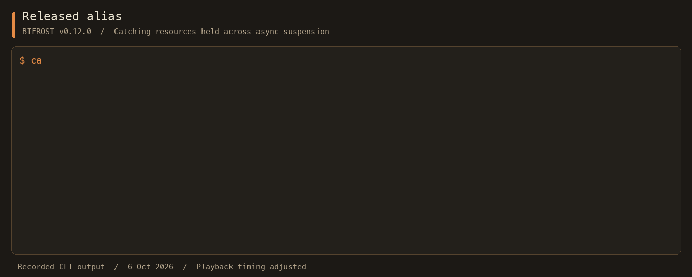 Terminal recording of Bifrost v0.12.0 completing with zero findings after the acquired resource is released through an exact alias before await.
