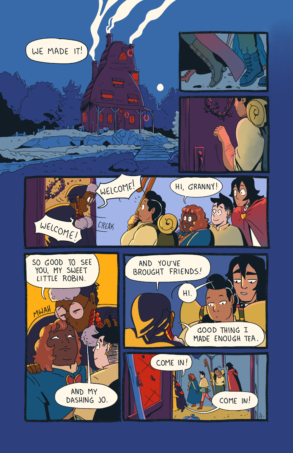 The group approaches a cabin in the woods illuminated by a full moon with red glass windows. Granny greets them at the door before Shep can knock.