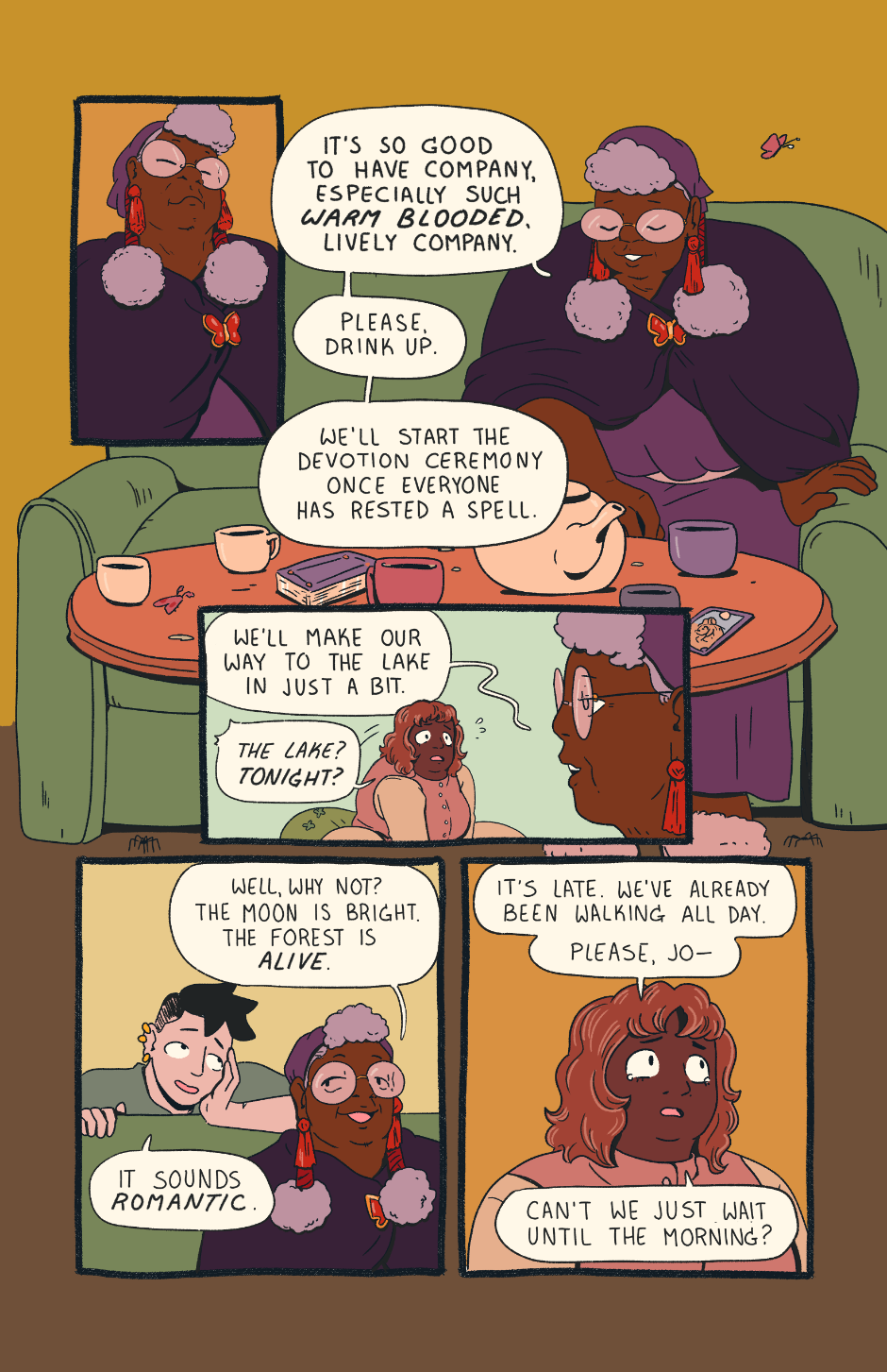 Granny sits on the couch and announces they'll head to the lake for the devotion ceremony, but Robin is scared and asks to wait until morning.