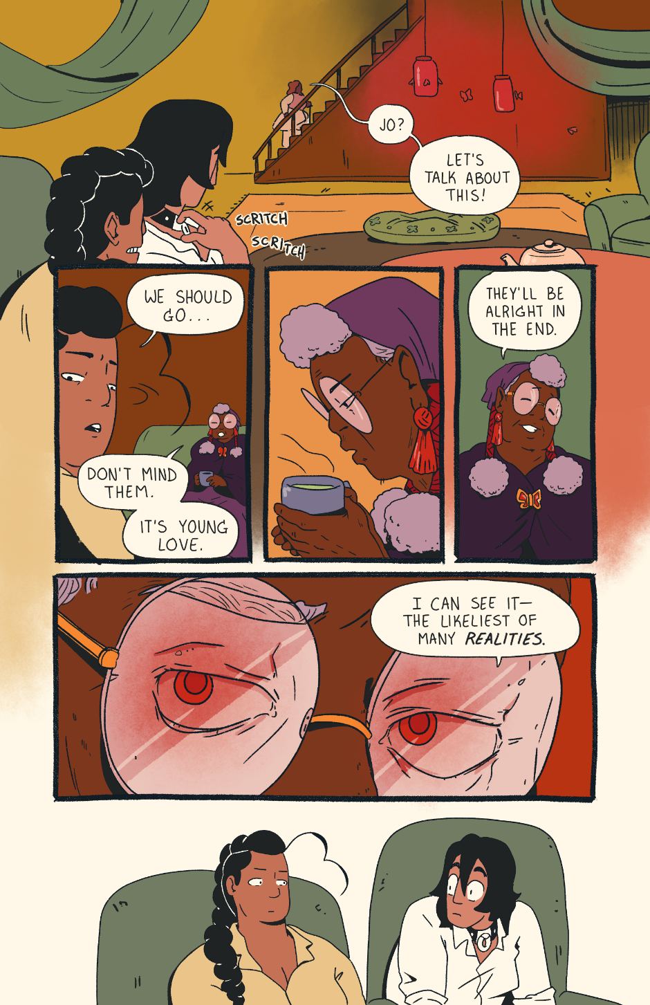 Robin follows Jo upstairs while Granny reveals her glowing red eyes.