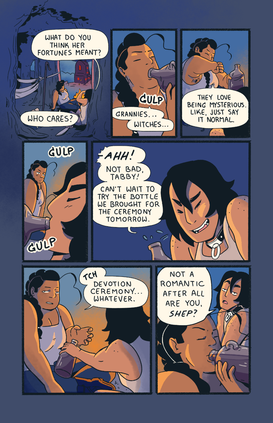 Shep and Wayne share a bottle of whiskey by a firepit outside the cabin, pondering Granny's warnings.