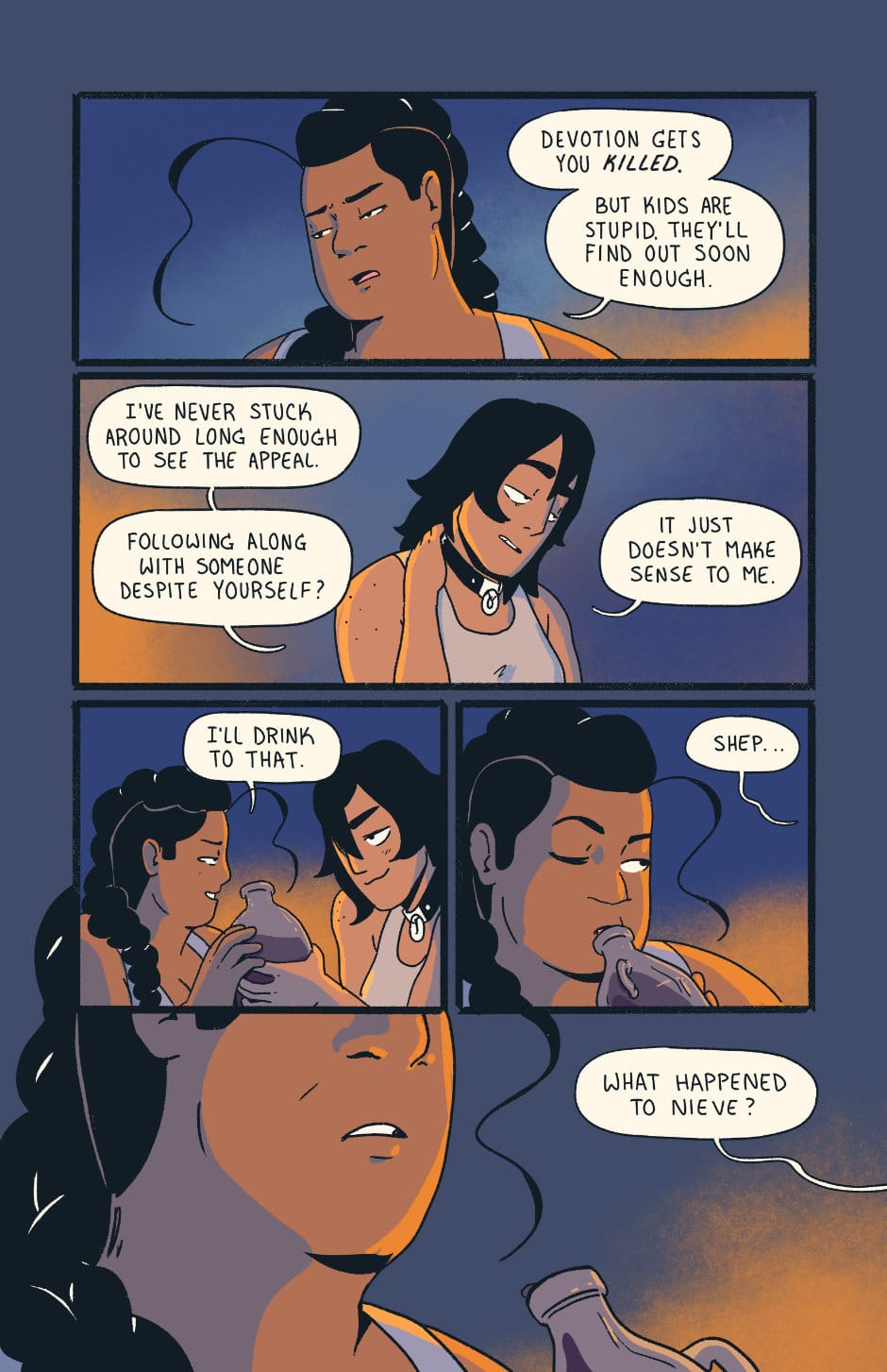 Shep and Wayne share whiskey while discussing their aversion to commitment. Wayne ruins the vibe by asking what happened to Nieve.