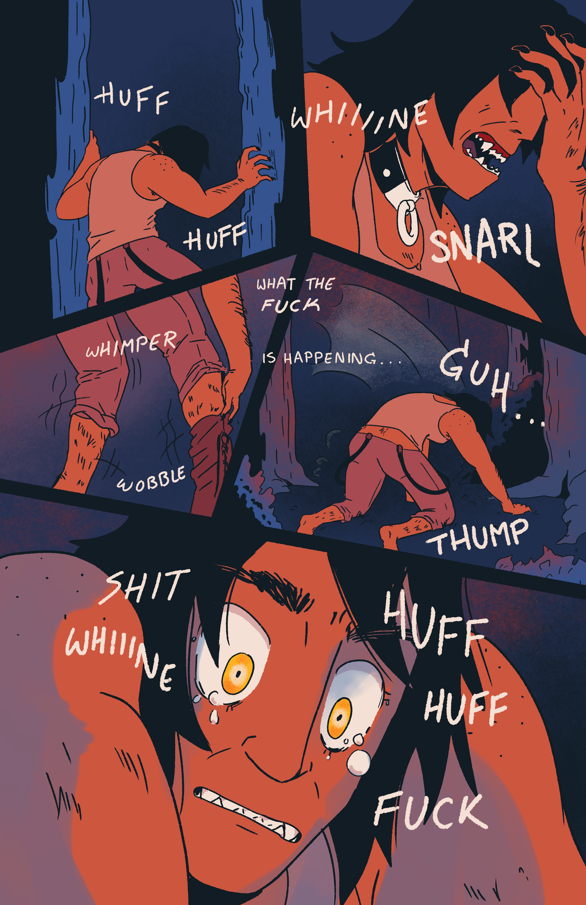 Wayne stumbles through the forest alone, wobbling and falling to her knees.