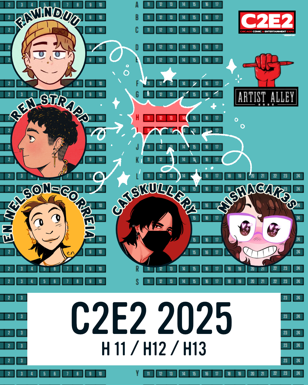 C2E2 2025 table map featuring Fawnduu, Ren Strapp, En Nelson-Correia, Catskullery, and Mishacakes at tables H11, H12, and H13
