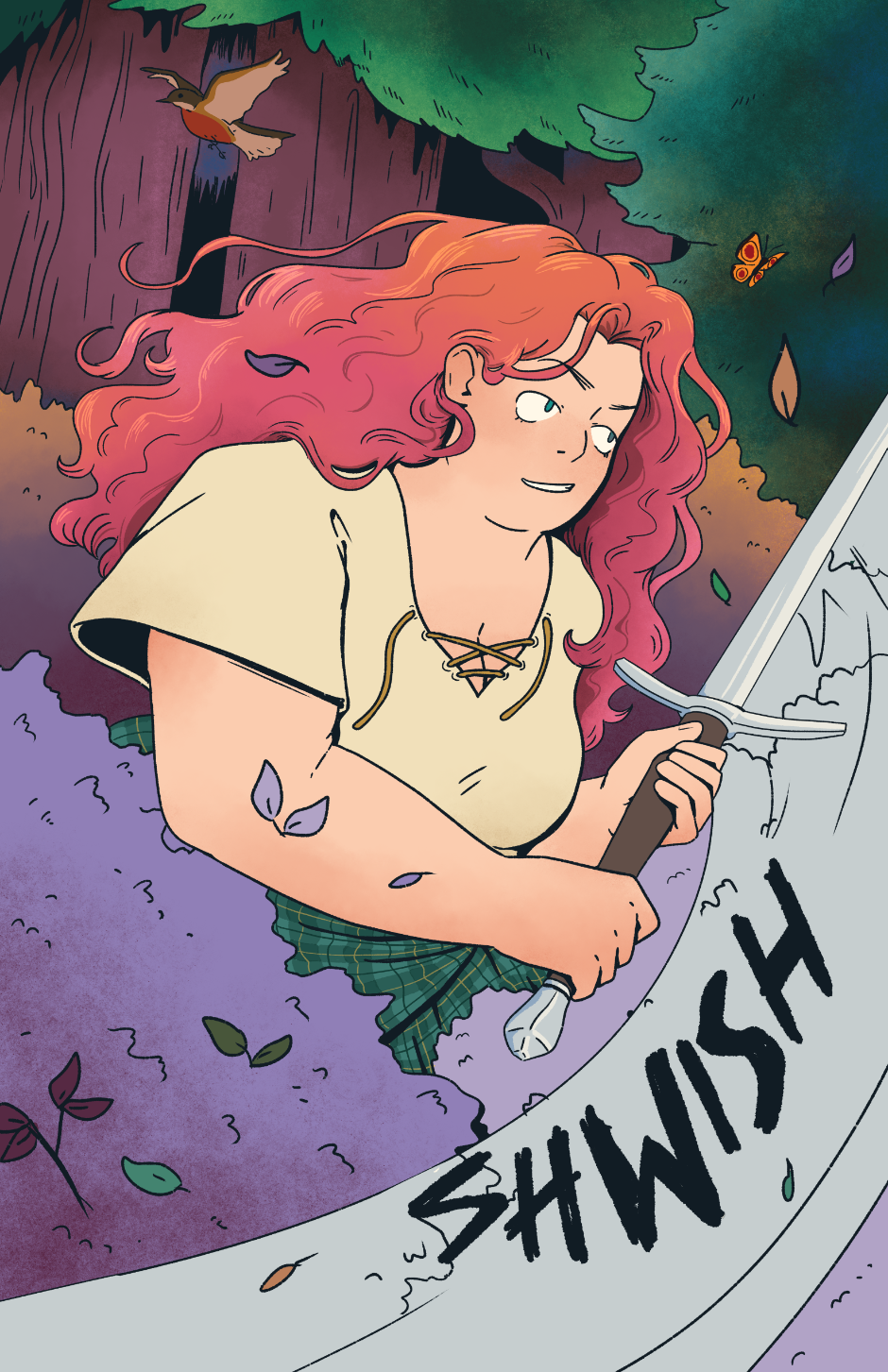 Full page illustration of Nieve from The Shepherds Sword slashing through the forest undergrowth with smiling determination.