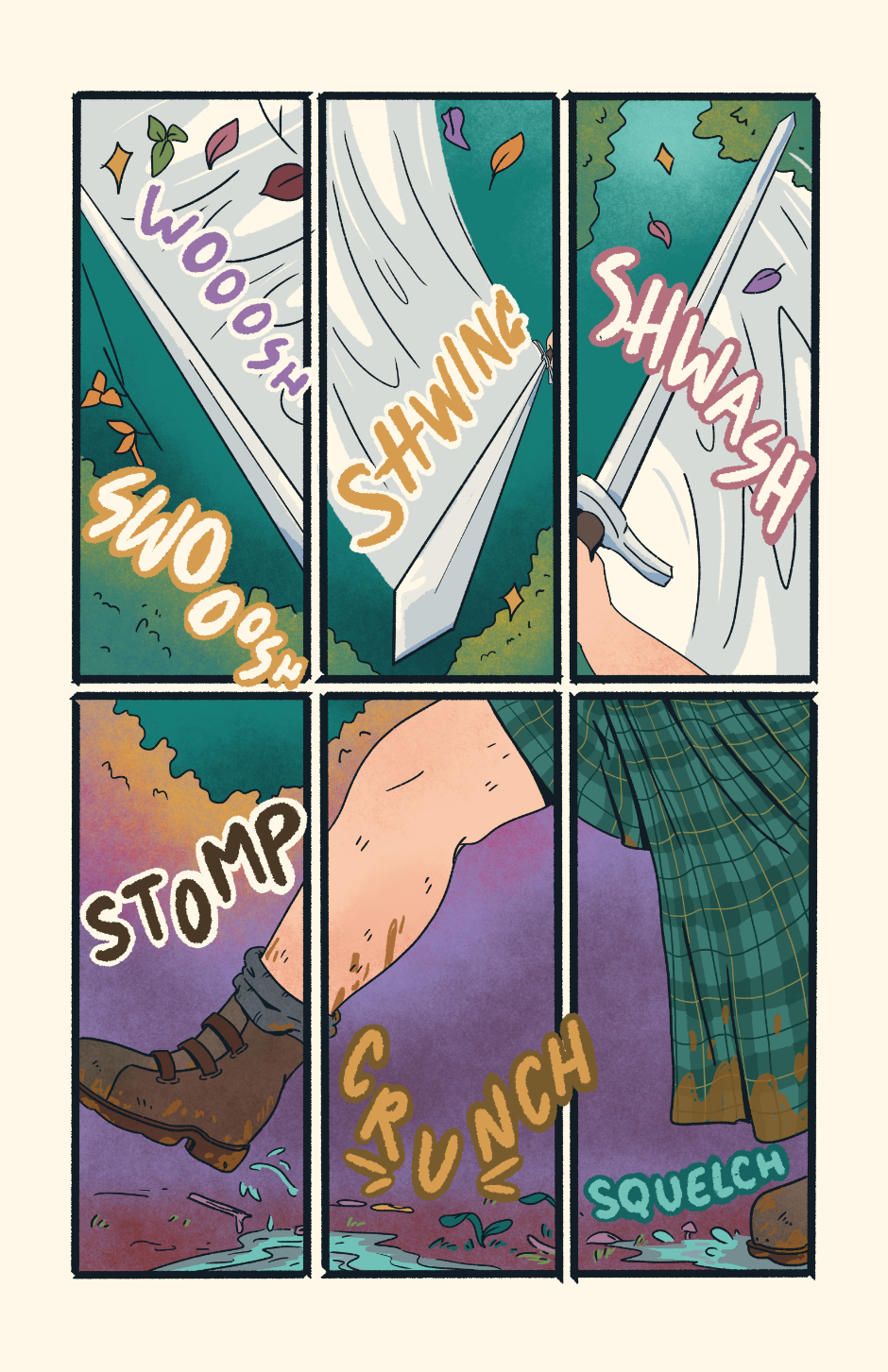 Six panels of Nieve slashing through the forest with her blade and tromping through the mud with her boots.