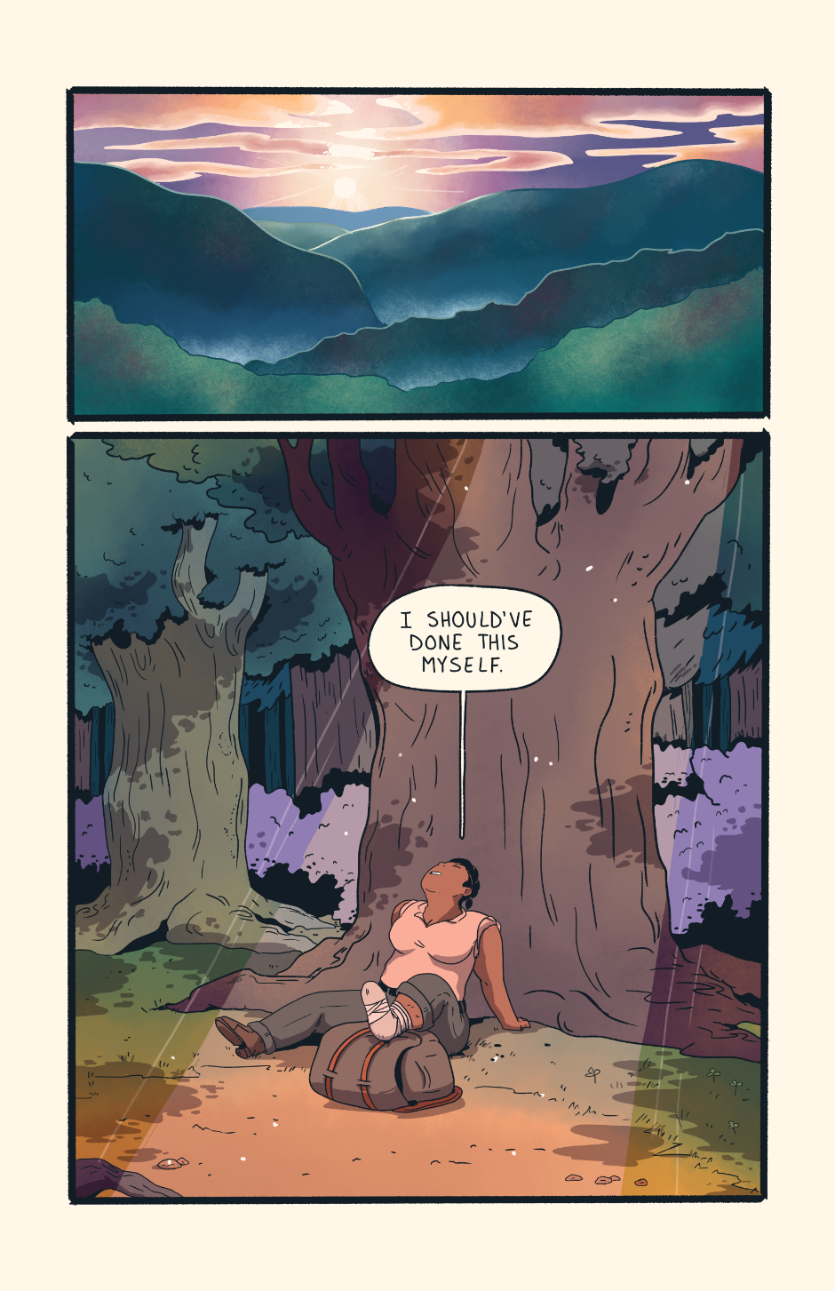 The sun sets over the rolling mountains while Shep sits under a tree, her foot propped up on a backpack. She says "I should have done this myself."