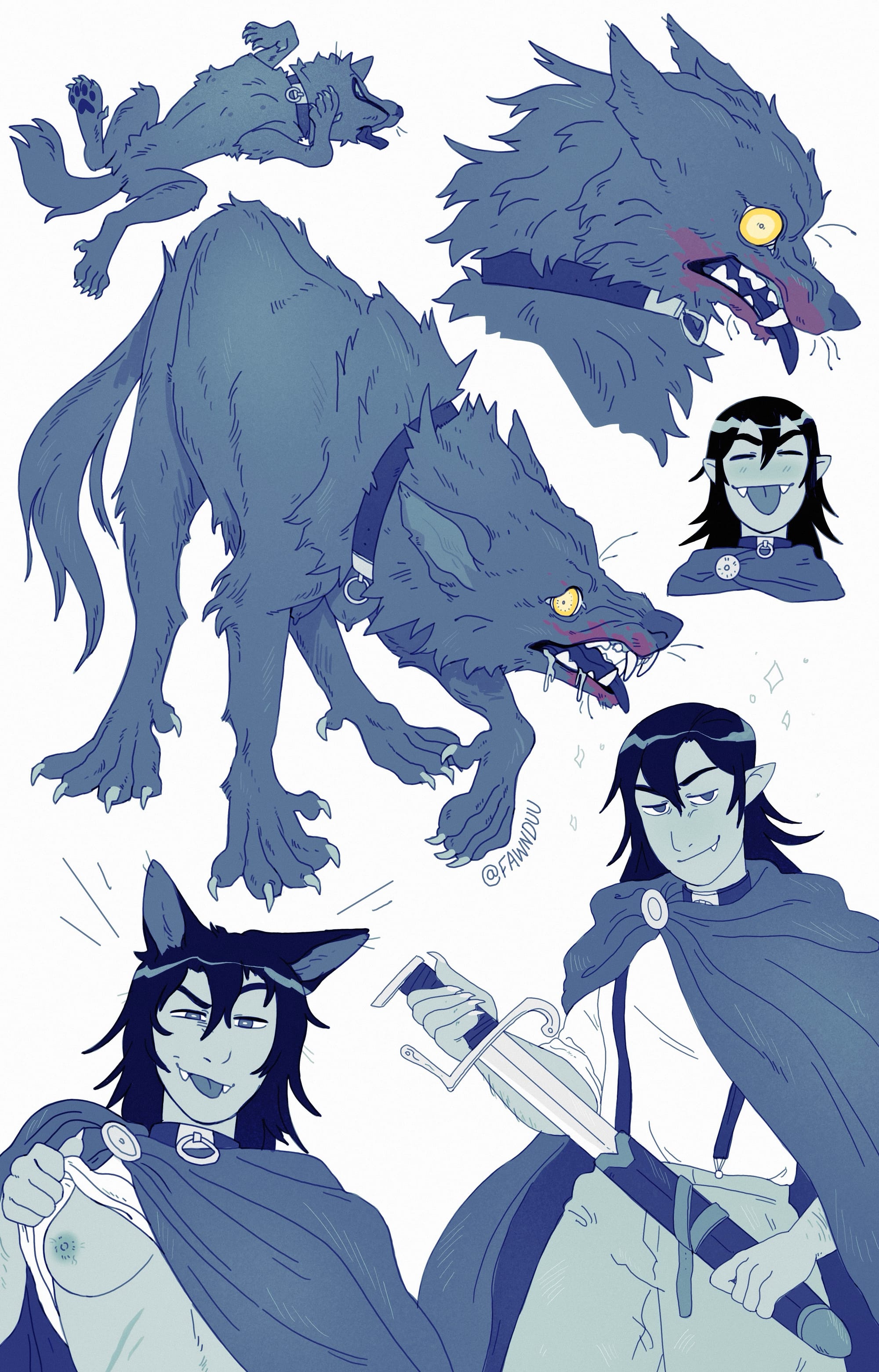 A collection of illustrations by Fawnduu of Wayne from The Shepherd's Sword as a wolf and a smug bitch