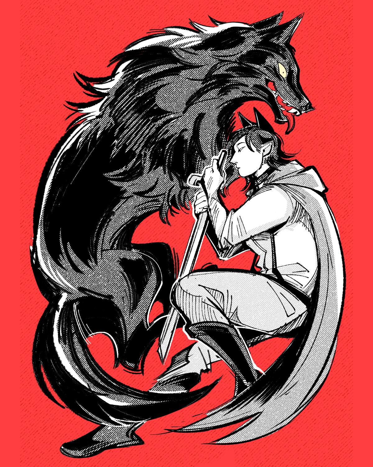 Illustration by Prince/Adeline Kon. Wayne from The Shepherd's Sword holding her blade beside a wolf on a red background.