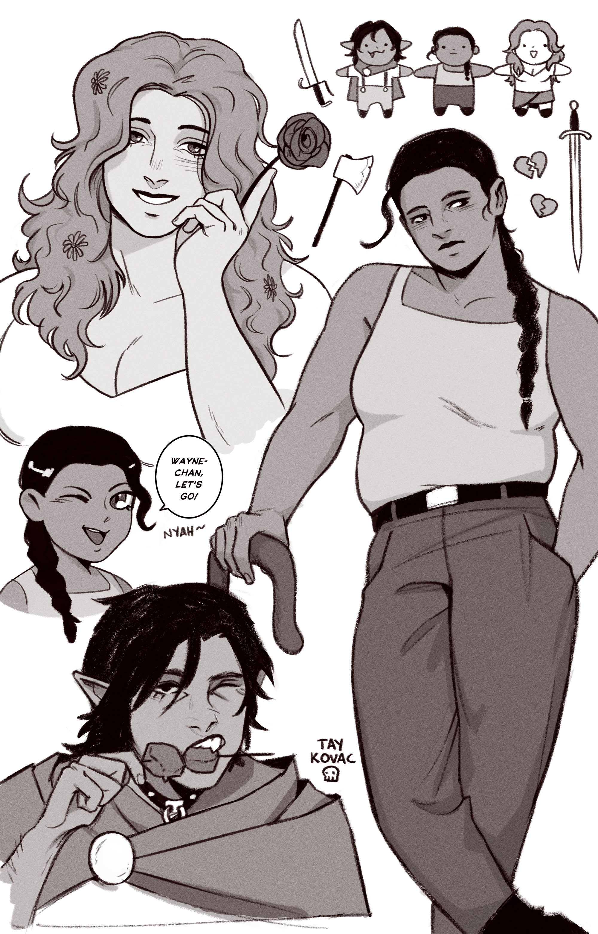 A collection of drawings by Catskullery featuring Nieve, Shep, and Wayne from The Shepherd's Sword