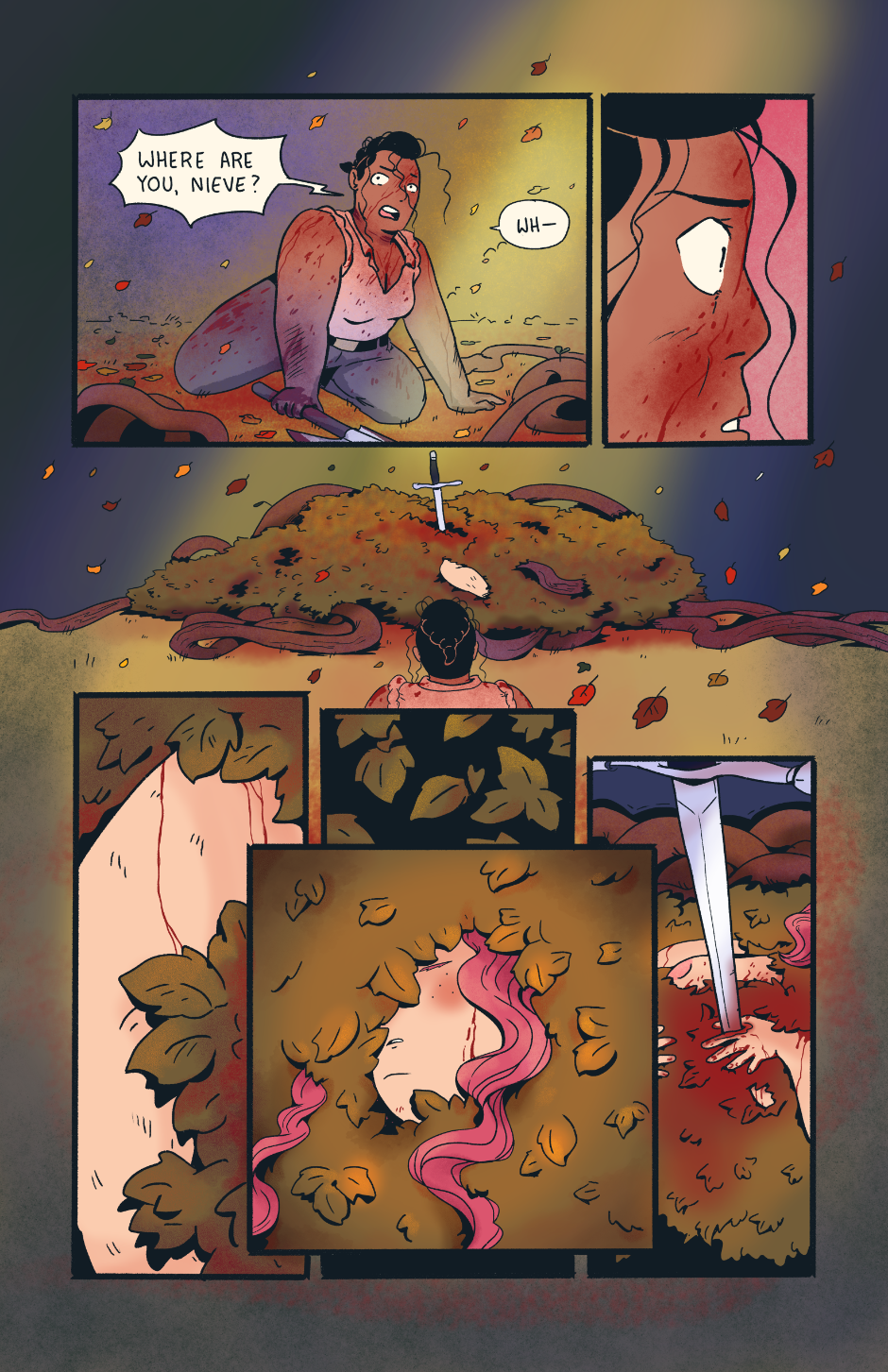 Shep calls out for Nieve, but her cries are cut short when she sees the body of Nieve in the fallen leaves, pierced with her own sword.