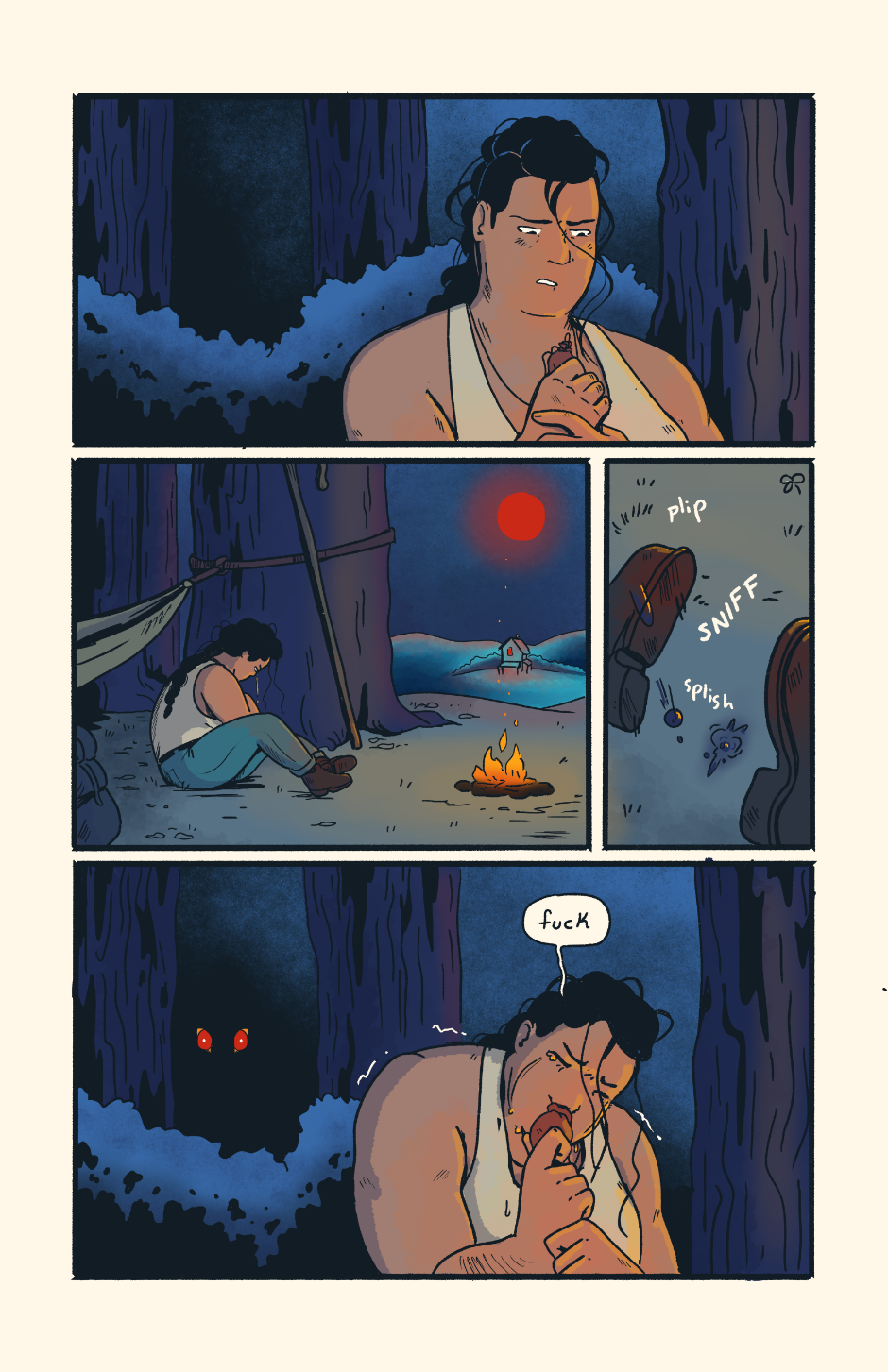 Shep bows her head over a small satchel, shaking with tears. Behind her, glowing red eyes appear.