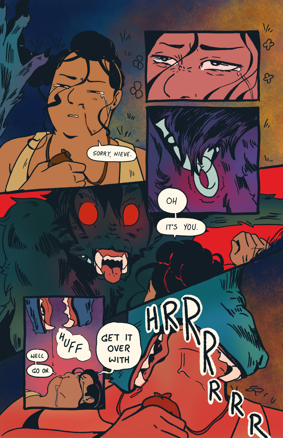 Shep's eyes overflow with tears as she grasps the satchel around her neck. She apologizes to Nieve, then recognizes the wolf as Wayne. She says "get it over with" as she allows Wayne to press her teeth around Shep's neck